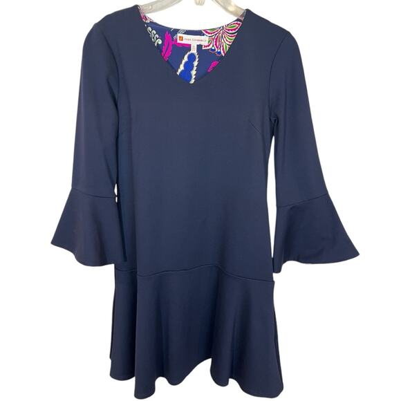 Jude Connally V-Neck Bell Sleeve Ponte Lyla Dress Navy XS - Picture 3 of 7